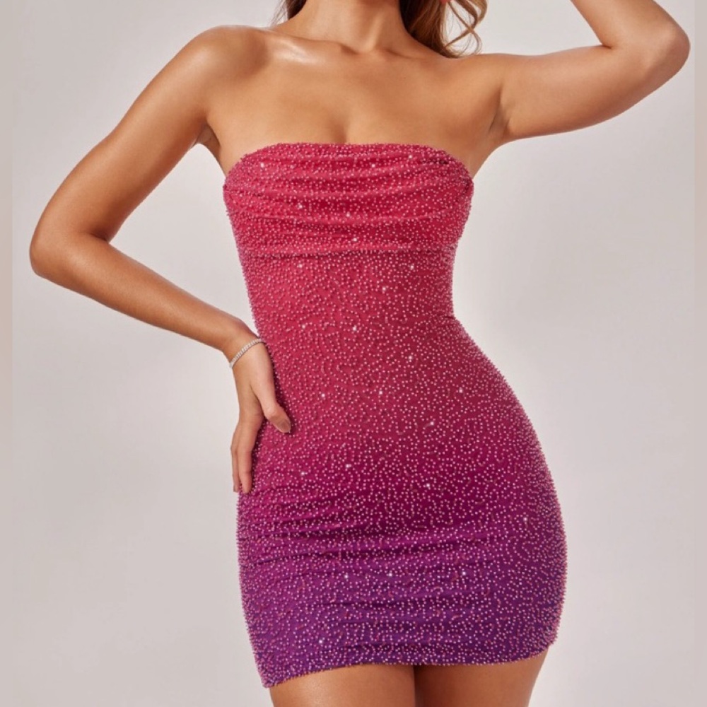 Oh Polly Ombré Mini Dress Strapless Pink Purple Beaded Embellished Size 2